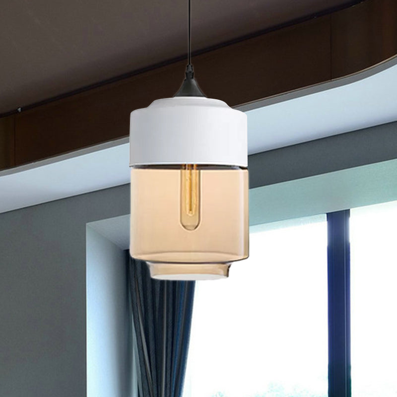 5"/7"/8" Wide Drum/Cylinder/Jar Clear/Yellow Glass Suspension Pendant Modern 1 Light White/Black Hanging Light Fixture Clearhalo 'Ceiling Lights' 'Glass shade' 'Glass' 'Modern Pendants' 'Modern' 'Pendant Lights' 'Pendants' Lighting' 678586