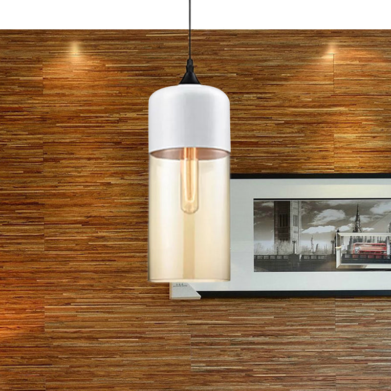 5"/7"/8" Wide Drum/Cylinder/Jar Clear/Yellow Glass Suspension Pendant Modern 1 Light White/Black Hanging Light Fixture Clearhalo 'Ceiling Lights' 'Glass shade' 'Glass' 'Modern Pendants' 'Modern' 'Pendant Lights' 'Pendants' Lighting' 678587