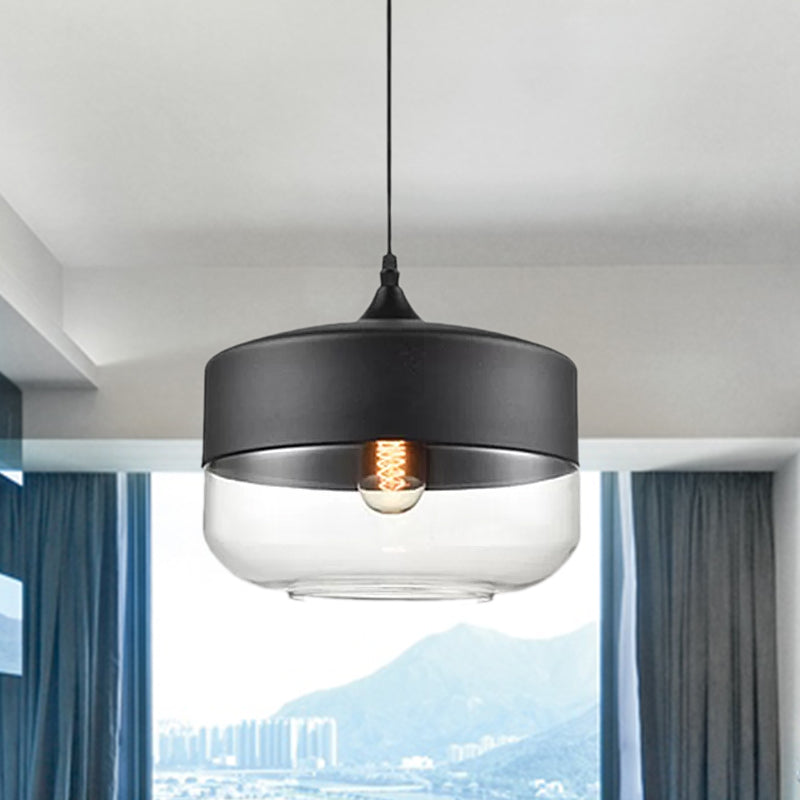 5"/7"/8" Wide Drum/Cylinder/Jar Clear/Yellow Glass Suspension Pendant Modern 1 Light White/Black Hanging Light Fixture Clearhalo 'Ceiling Lights' 'Glass shade' 'Glass' 'Modern Pendants' 'Modern' 'Pendant Lights' 'Pendants' Lighting' 678590