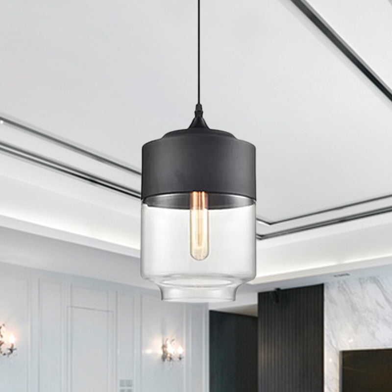 5"/7"/8" Wide Drum/Cylinder/Jar Clear/Yellow Glass Suspension Pendant Modern 1 Light White/Black Hanging Light Fixture Clearhalo 'Ceiling Lights' 'Glass shade' 'Glass' 'Modern Pendants' 'Modern' 'Pendant Lights' 'Pendants' Lighting' 678591