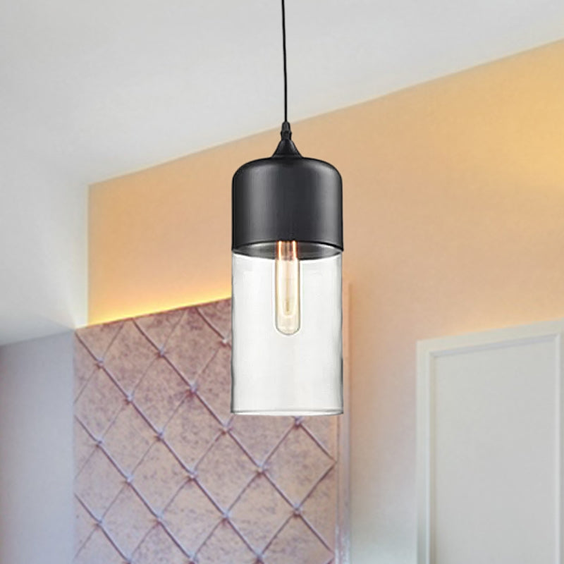 5"/7"/8" Wide Drum/Cylinder/Jar Clear/Yellow Glass Suspension Pendant Modern 1 Light White/Black Hanging Light Fixture Clearhalo 'Ceiling Lights' 'Glass shade' 'Glass' 'Modern Pendants' 'Modern' 'Pendant Lights' 'Pendants' Lighting' 678592