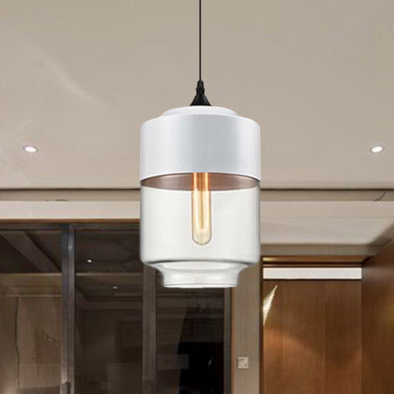 5"/7"/8" Wide Drum/Cylinder/Jar Clear/Yellow Glass Suspension Pendant Modern 1 Light White/Black Hanging Light Fixture Clearhalo 'Ceiling Lights' 'Glass shade' 'Glass' 'Modern Pendants' 'Modern' 'Pendant Lights' 'Pendants' Lighting' 678596