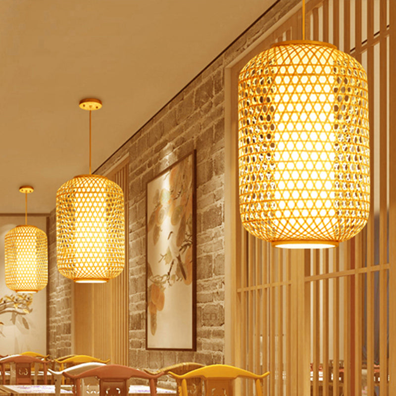 Asian Lantern Shaped Pendant Light Bamboo Single Head Ceiling Drop Light for Restaurant Dining Room Clearhalo 'Ceiling Lights' 'Pendant Lights' 'Pendants' Lighting' 678611