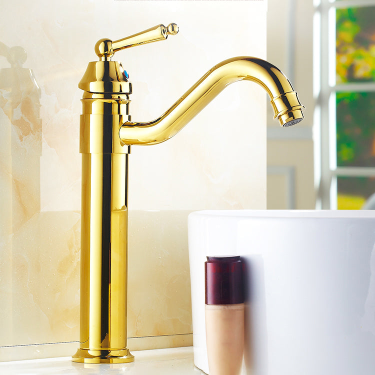 Lever Handle Basin Lavatory Faucet Farmhouse Circular Bathroom Faucet Dorado 12.6" Clearhalo 'bathroom_sink_faucets' 'Conjunta de Baño y Conjunta de Grifo' 'Coronamiento de Baño y Dispositivo de Baño' 'Grifo del lavabo del baño' 'Hogar' 'home_improvement' 'home_improvement_bathroom_sink_faucets' 'Mejoras para el hogar' 6786494