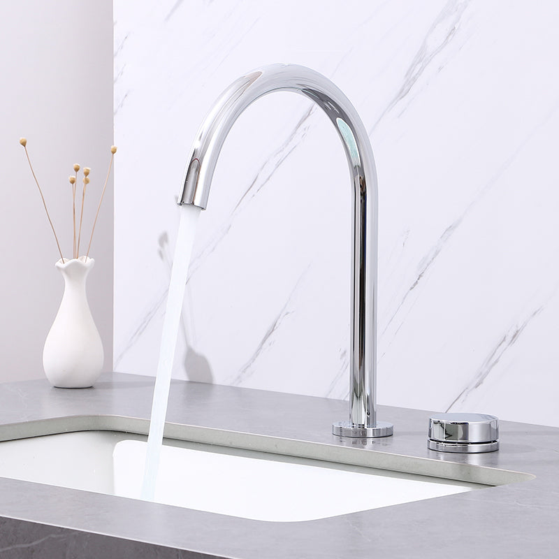 Modern Widespread Sink Faucet Knob Handle Gooseneck Arc Solid Brass Faucet Cromo 12.6" Clearhalo 'bathroom_sink_faucets' 'Conjuntos de Torneiras de Lavatório e Banheiro' 'home_improvement' 'home_improvement_bathroom_sink_faucets' 'Mobiliário Doméstico' 'Página inicial' 'Renovação e equipamento de casa de banho' 'Torneira para lavatório de banheiro' 6786517