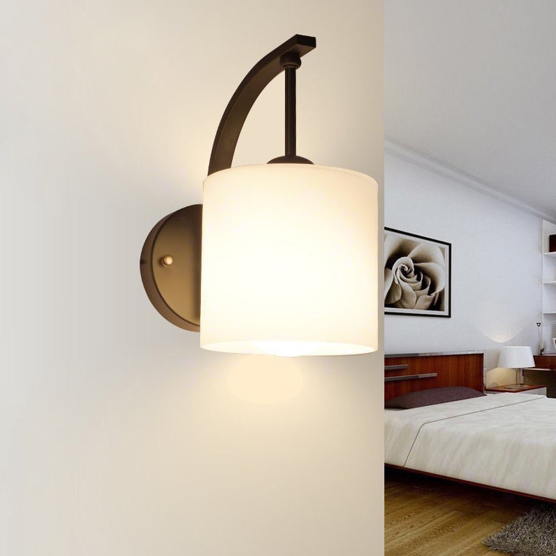 White Glass Cylindrical Wall Lighting Vintage 1 Light Wall Sconce Light in Black with Curved Arm Clearhalo 'Cast Iron' 'Glass' 'Industrial' 'Modern wall lights' 'Modern' 'Tiffany' 'Traditional wall lights' 'Wall Lamps & Sconces' 'Wall Lights' Lighting' 678664