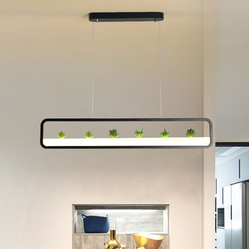 Metal Rectangular Chandelier Modernist Led 27.5" Wide Ceiling Hung Light in White/Black with Artificial Plant, White/Warm Light Clearhalo 'Ceiling Lights' 'Chandeliers' 'Modern Chandeliers' 'Modern' Lighting' 678670