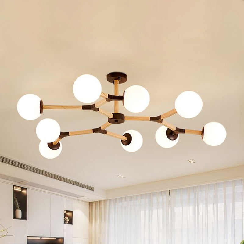 White/Black/Gold Branch Chandelier Lighting Contemporary 3/6/9 Lights Wood Hanging Ceiling Lamp with White Glass Global Shade Clearhalo 'Ceiling Lights' 'Chandeliers' 'Close To Ceiling Lights' 'Glass shade' 'Glass' 'Modern Chandeliers' 'Modern' Lighting' 678673