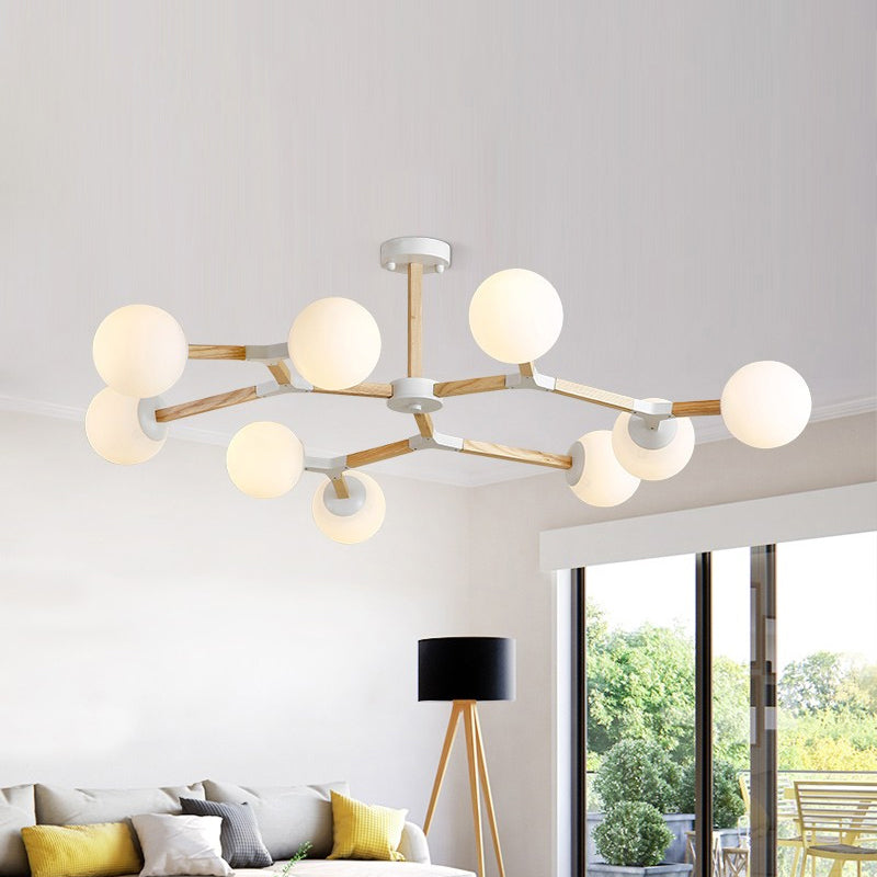 White/Black/Gold Branch Chandelier Lighting Contemporary 3/6/9 Lights Wood Hanging Ceiling Lamp with White Glass Global Shade Clearhalo 'Ceiling Lights' 'Chandeliers' 'Close To Ceiling Lights' 'Glass shade' 'Glass' 'Modern Chandeliers' 'Modern' Lighting' 678676