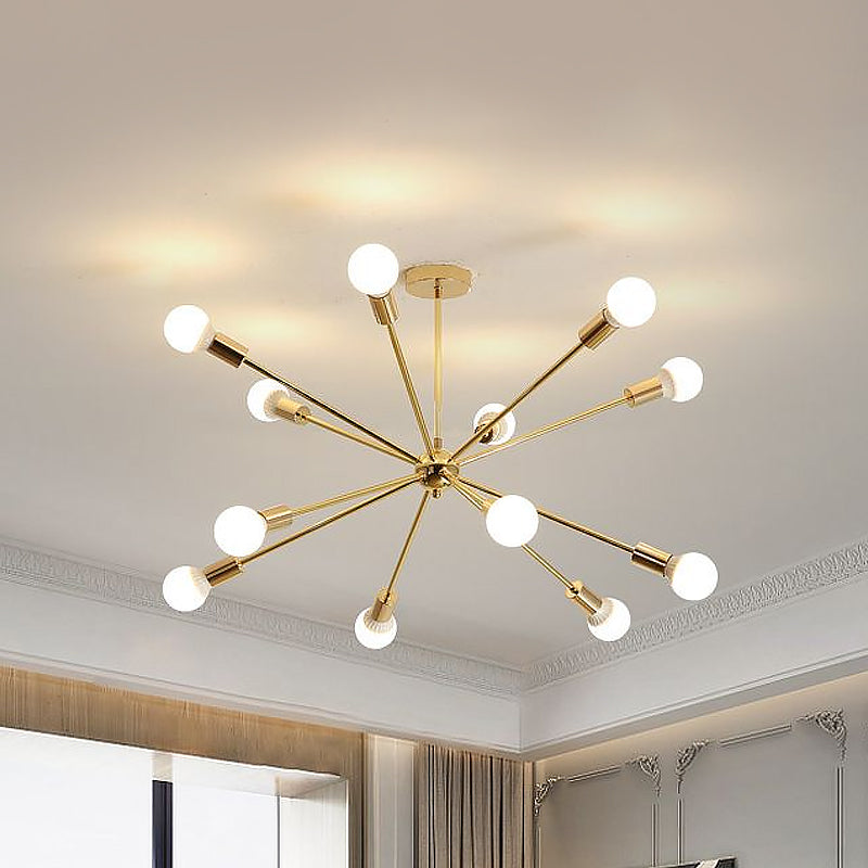 26"/38.5" Wide Metal Starburst Chandelier Light Modernist 6/10/12 Lights Gold Hanging Ceiling Lamp with Bare Bulb Clearhalo 'Ceiling Lights' 'Chandeliers' 'Modern Chandeliers' 'Modern' Lighting' 678691