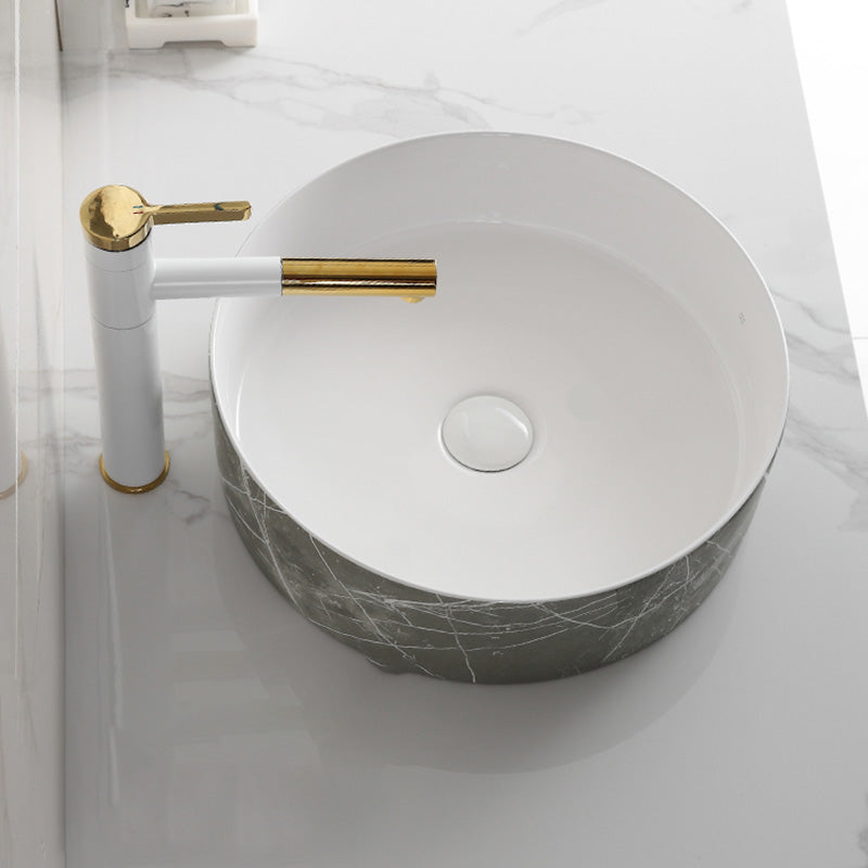 Modern Bathroom Sink Ceramic Marble Pattern Round Bathroom Sink with Pulling Faucet Clearhalo 'Bathroom Remodel & Bathroom Fixtures' 'Bathroom Sinks & Faucet Components' 'Bathroom Sinks' 'bathroom_sink' 'Home Improvement' 'home_improvement' 'home_improvement_bathroom_sink' 6786971