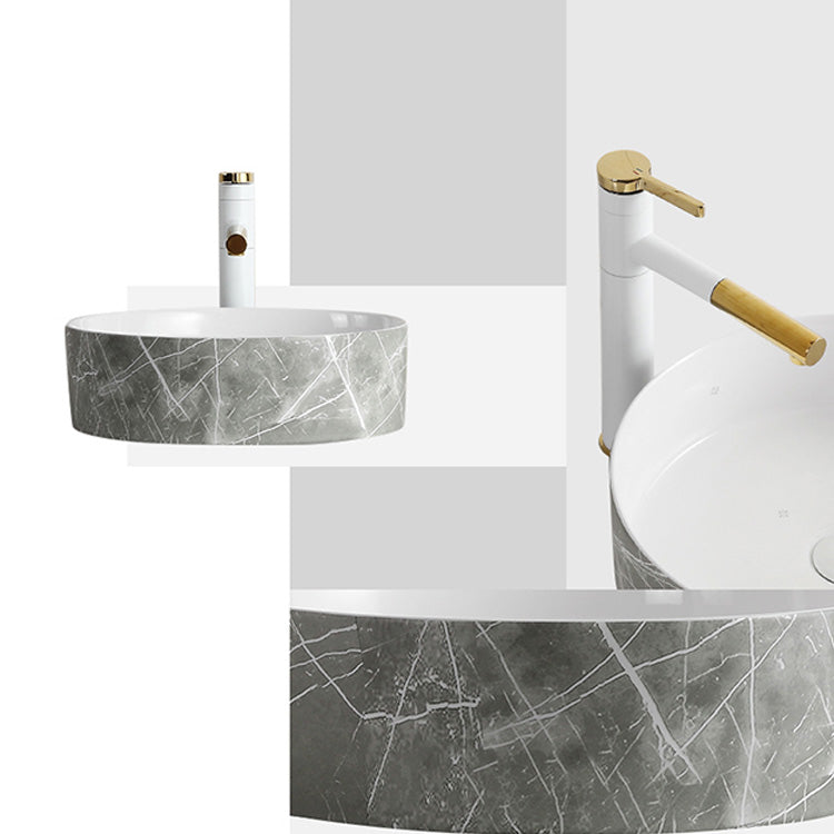 Modern Bathroom Sink Ceramic Marble Pattern Round Bathroom Sink with Pulling Faucet Clearhalo 'Bathroom Remodel & Bathroom Fixtures' 'Bathroom Sinks & Faucet Components' 'Bathroom Sinks' 'bathroom_sink' 'Home Improvement' 'home_improvement' 'home_improvement_bathroom_sink' 6786975