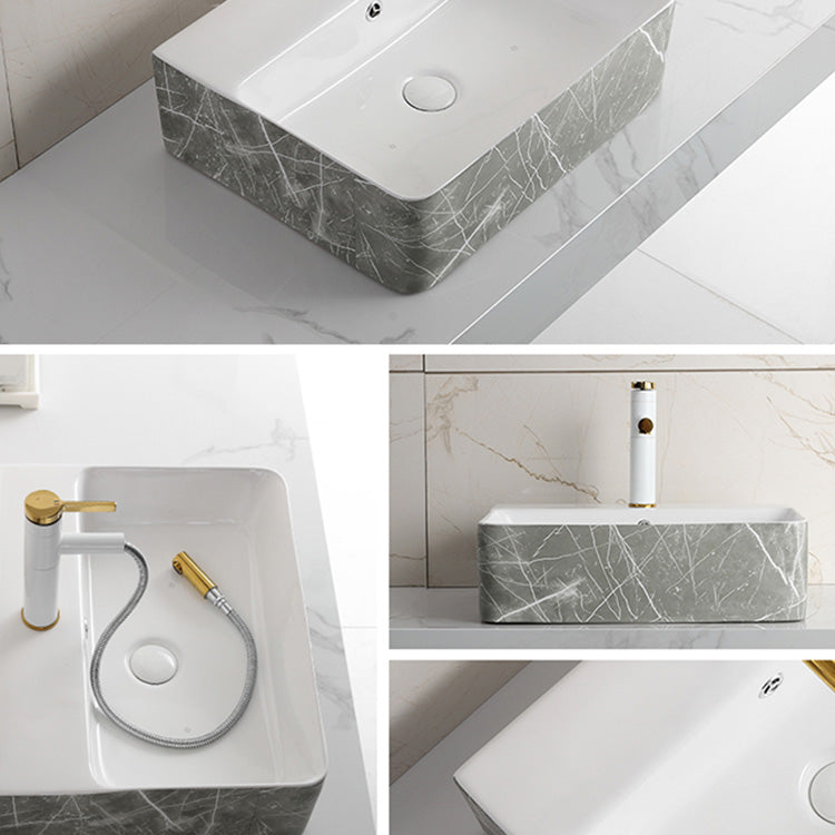 Modern Bathroom Sink Ceramic Marble Pattern Round Bathroom Sink with Pulling Faucet Clearhalo 'Bathroom Remodel & Bathroom Fixtures' 'Bathroom Sinks & Faucet Components' 'Bathroom Sinks' 'bathroom_sink' 'Home Improvement' 'home_improvement' 'home_improvement_bathroom_sink' 6786982