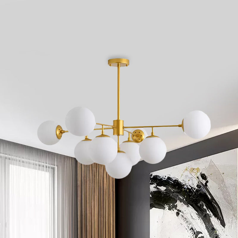 Black/Gold Branch Chandelier Modern 7/9/11-Light Iron Ceiling Pendant with White Glass Ball Shade Clearhalo 'Ceiling Lights' 'Chandeliers' 'Glass shade' 'Glass' 'Modern Chandeliers' 'Modern' Lighting' 678700