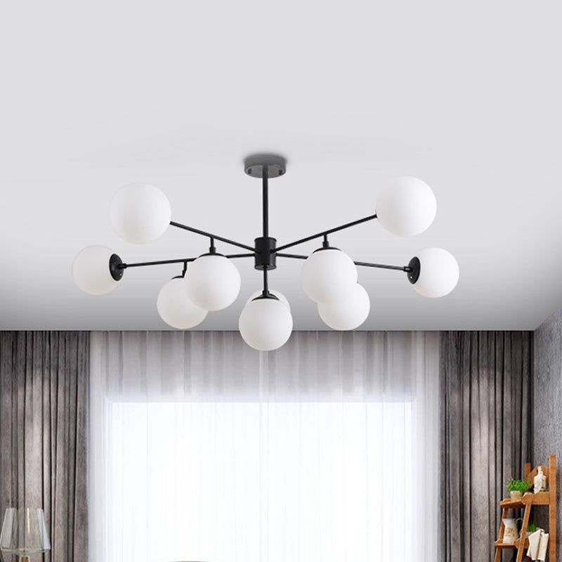 Black/Gold Branch Chandelier Modern 7/9/11-Light Iron Ceiling Pendant with White Glass Ball Shade Clearhalo 'Ceiling Lights' 'Chandeliers' 'Glass shade' 'Glass' 'Modern Chandeliers' 'Modern' Lighting' 678702