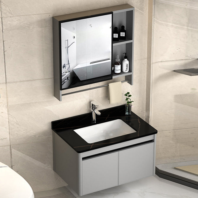 2 Doors Bathroom Vanity Mirror Grey Rectangle Single Sink Wall Mount Vanity Vanity & Faucet & Mirror Cabinet 27.6"L x 18.5"W x 17.7"H Black Clearhalo 'Bathroom Remodel & Bathroom Fixtures' 'Bathroom Vanities' 'bathroom_vanities' 'Home Improvement' 'home_improvement' 'home_improvement_bathroom_vanities' 6787036