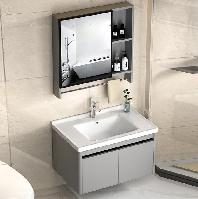 2 Doors Bathroom Vanity Mirror Grey Rectangle Single Sink Wall Mount Vanity Vanity & Faucet & Mirror Cabinet 28"L x 19"W x 18"H White Clearhalo 'Bathroom Remodel & Bathroom Fixtures' 'Bathroom Vanities' 'bathroom_vanities' 'Home Improvement' 'home_improvement' 'home_improvement_bathroom_vanities' 6787040