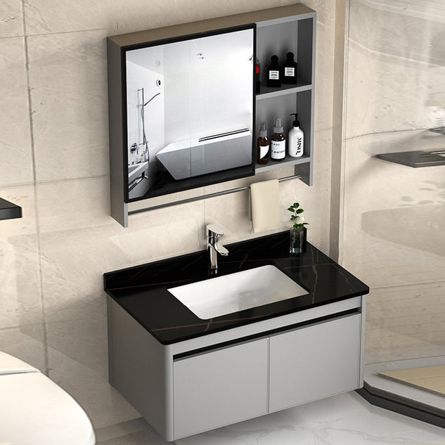 2 Doors Bathroom Vanity Mirror Grey Rectangle Single Sink Wall Mount Vanity Vanity & Faucet & Mirror Cabinet 31.5"L x 18.5"W x 17.7"H Black Clearhalo 'Bathroom Remodel & Bathroom Fixtures' 'Bathroom Vanities' 'bathroom_vanities' 'Home Improvement' 'home_improvement' 'home_improvement_bathroom_vanities' 6787041