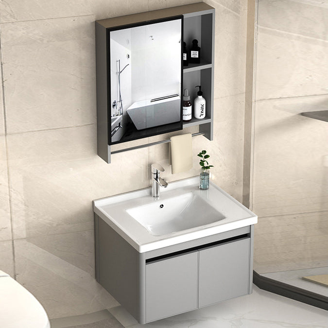 2 Doors Bathroom Vanity Mirror Grey Rectangle Single Sink Wall Mount Vanity Vanity & Faucet & Mirror Cabinet 24"L x 19"W x 18"H White Clearhalo 'Bathroom Remodel & Bathroom Fixtures' 'Bathroom Vanities' 'bathroom_vanities' 'Home Improvement' 'home_improvement' 'home_improvement_bathroom_vanities' 6787047