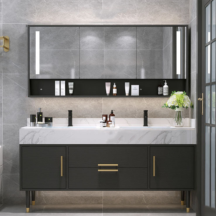 Double Sink Vanity Set 2 Doors Rectangle Freestanding Metal Frame Vanity with Mirror Vanity & Faucet & Smart Medicine Cabinet Clearhalo 'Bathroom Remodel & Bathroom Fixtures' 'Bathroom Vanities' 'bathroom_vanities' 'Home Improvement' 'home_improvement' 'home_improvement_bathroom_vanities' 6787107