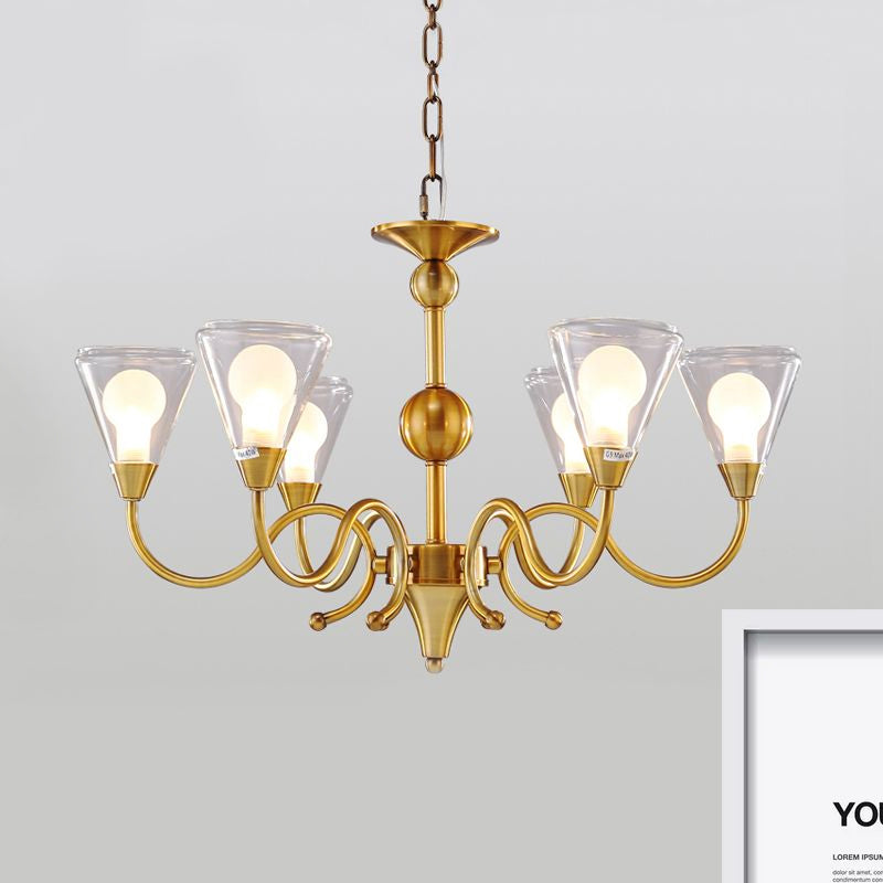 Cone Chandelier Lighting Post-Modernist Clear Glass Multi Lights Led Brass Ceiling Pendant Lamp with Curved Arm Clearhalo 'Ceiling Lights' 'Chandeliers' 'Modern Chandeliers' 'Modern' Lighting' 678843