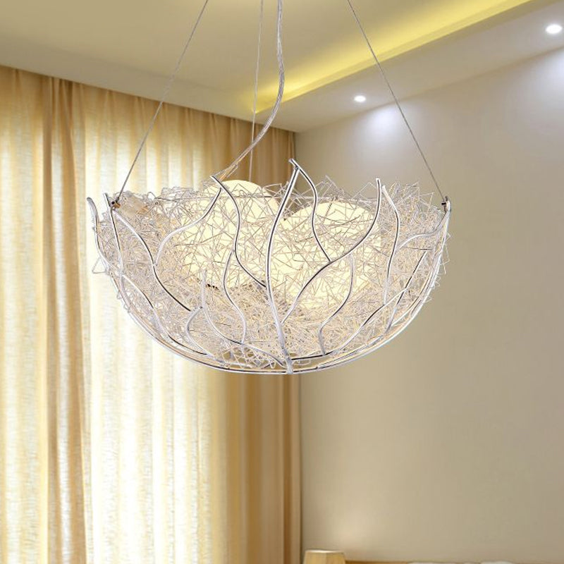 Nest Metal Chandelier Lighting Contemporary 2 Lights Silver Hanging Ceiling Lamp with White Glass Ball Shade, 16"/19.5" Wide Clearhalo 'Ceiling Lights' 'Chandeliers' 'Glass shade' 'Glass' 'Modern Chandeliers' 'Modern' Lighting' 678850