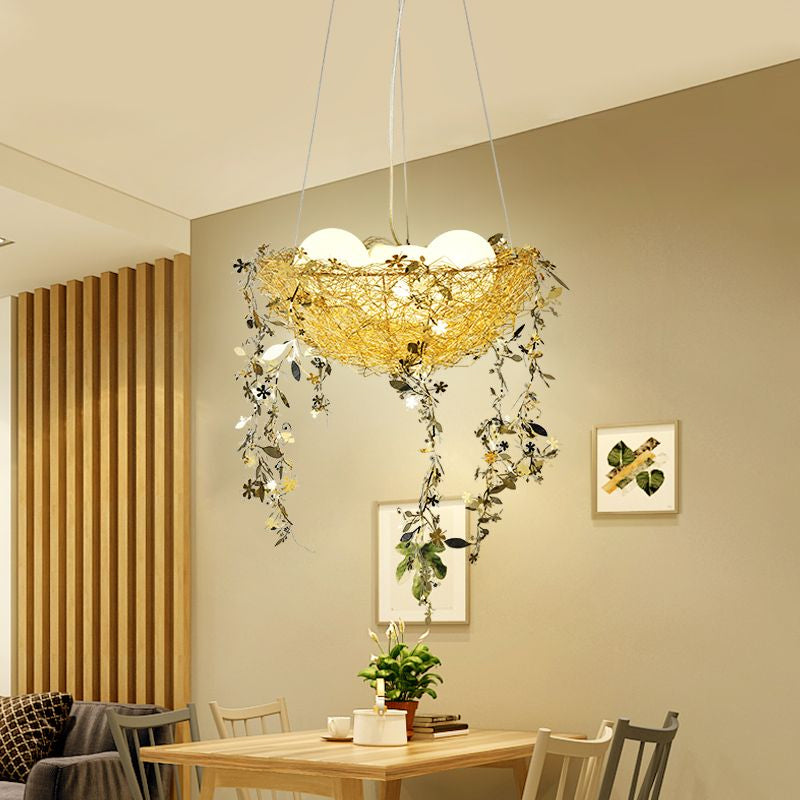 Nest Metal Chandelier Lighting Art Deco 4 Lights Silver/Gold Hanging Ceiling Lamp with Milk Glass Globe Shade Clearhalo 'Ceiling Lights' 'Chandeliers' 'Modern Chandeliers' 'Modern' Lighting' 678852