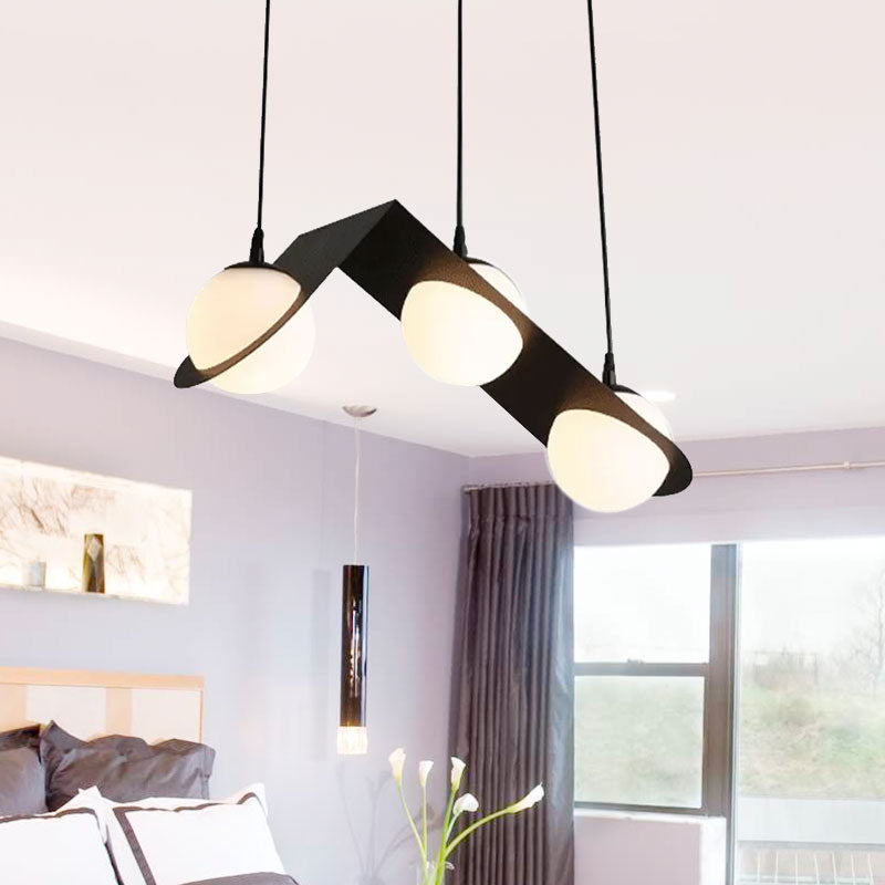 Ball White Glass Cluster Pendant with Straight/Curved Design Modernist 2/3 Lights Black Led Hanging Lamp Clearhalo 'Ceiling Lights' 'Glass shade' 'Glass' 'Modern Pendants' 'Modern' 'Pendant Lights' 'Pendants' Lighting' 678916