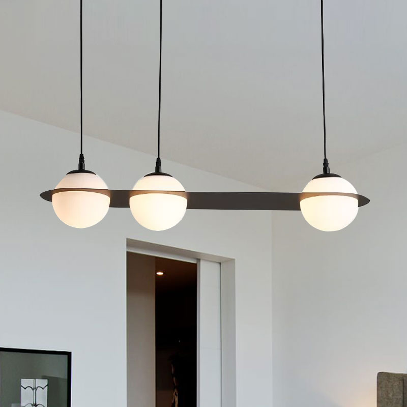 Ball White Glass Cluster Pendant with Straight/Curved Design Modernist 2/3 Lights Black Led Hanging Lamp Clearhalo 'Ceiling Lights' 'Glass shade' 'Glass' 'Modern Pendants' 'Modern' 'Pendant Lights' 'Pendants' Lighting' 678917