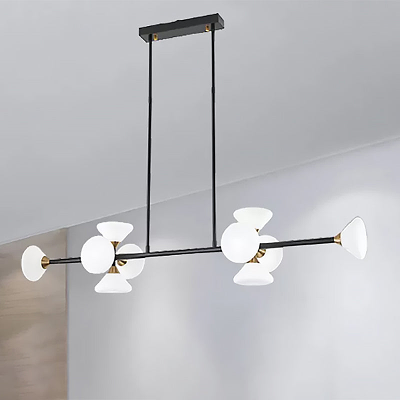 Modern 6/10-Head LED Island Pendant with White Glass Shade Black Linear Ceiling Light Fixture in Warm/White Light Clearhalo 'Ceiling Lights' 'Island Lights' Lighting' 678923