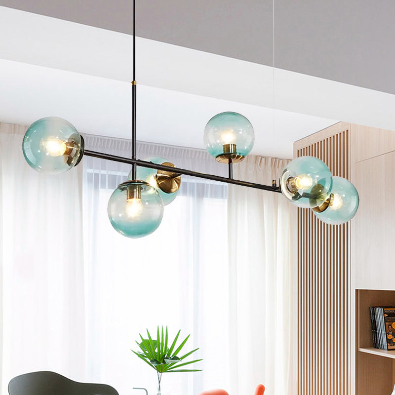 Industrial 6-Light Island Pendant with Amber/Milky White/Gradient Blue Glass Shade Brass Ball Ceiling Light with Adjustable Cord Clearhalo 'Ceiling Lights' 'Glass shade' 'Glass' 'Island Lights' 'Pendant Lights' Lighting' 678928