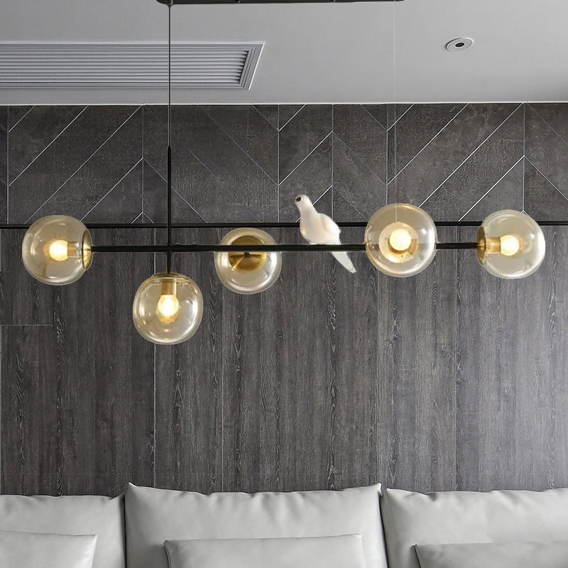 Industrial 5-Light Island Pendant with Amber/Milky White/Smoke Grey Glass Shade Brass Sphere Ceiling Light with Adjustable Cord Clearhalo 'Ceiling Lights' 'Close To Ceiling Lights' 'Glass shade' 'Glass' 'Island Lights' Lighting' 678929