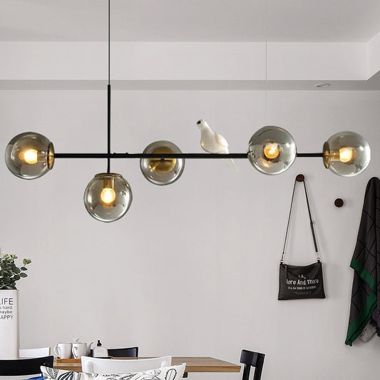 Industrial 5-Light Island Pendant with Amber/Milky White/Smoke Grey Glass Shade Brass Sphere Ceiling Light with Adjustable Cord Clearhalo 'Ceiling Lights' 'Close To Ceiling Lights' 'Glass shade' 'Glass' 'Island Lights' Lighting' 678930