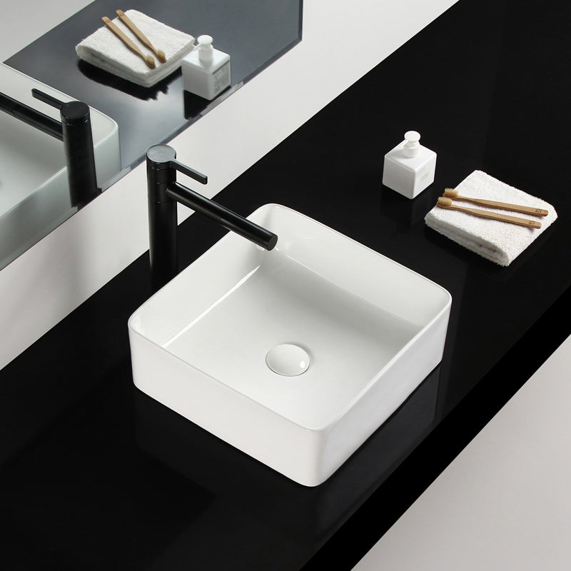 Bathroom Sink Ceramic White Square Black Faucet Bathroom Sink Clearhalo 'Bathroom Remodel & Bathroom Fixtures' 'Bathroom Sinks & Faucet Components' 'Bathroom Sinks' 'bathroom_sink' 'Home Improvement' 'home_improvement' 'home_improvement_bathroom_sink' 6789328