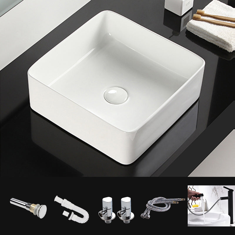 Bathroom Sink Ceramic White Square Black Faucet Bathroom Sink Black Pull Out Faucet Clearhalo 'Bathroom Remodel & Bathroom Fixtures' 'Bathroom Sinks & Faucet Components' 'Bathroom Sinks' 'bathroom_sink' 'Home Improvement' 'home_improvement' 'home_improvement_bathroom_sink' 6789329