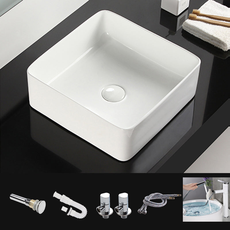 Bathroom Sink Ceramic White Square Black Faucet Bathroom Sink White Pull Out Faucet Clearhalo 'Bathroom Remodel & Bathroom Fixtures' 'Bathroom Sinks & Faucet Components' 'Bathroom Sinks' 'bathroom_sink' 'Home Improvement' 'home_improvement' 'home_improvement_bathroom_sink' 6789330