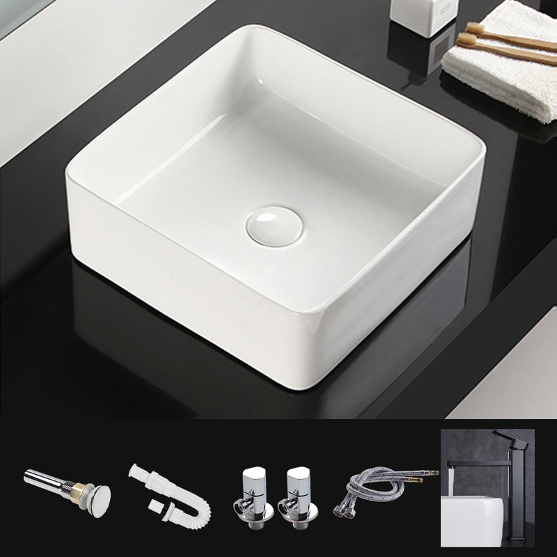 Bathroom Sink Ceramic White Square Black Faucet Bathroom Sink Black Rectangular Faucet Clearhalo 'Bathroom Remodel & Bathroom Fixtures' 'Bathroom Sinks & Faucet Components' 'Bathroom Sinks' 'bathroom_sink' 'Home Improvement' 'home_improvement' 'home_improvement_bathroom_sink' 6789333