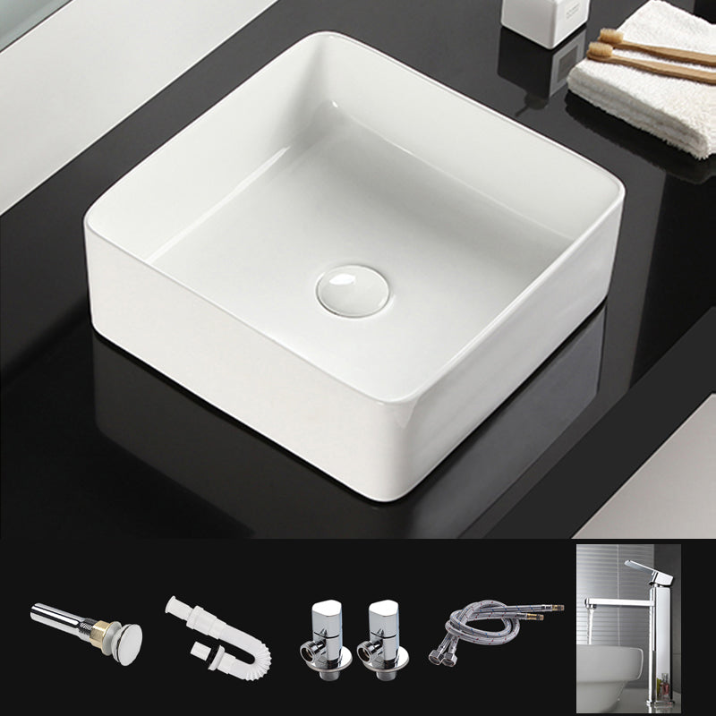 Bathroom Sink Ceramic White Square Black Faucet Bathroom Sink Chrome Rectangular Faucet Clearhalo 'Bathroom Remodel & Bathroom Fixtures' 'Bathroom Sinks & Faucet Components' 'Bathroom Sinks' 'bathroom_sink' 'Home Improvement' 'home_improvement' 'home_improvement_bathroom_sink' 6789334