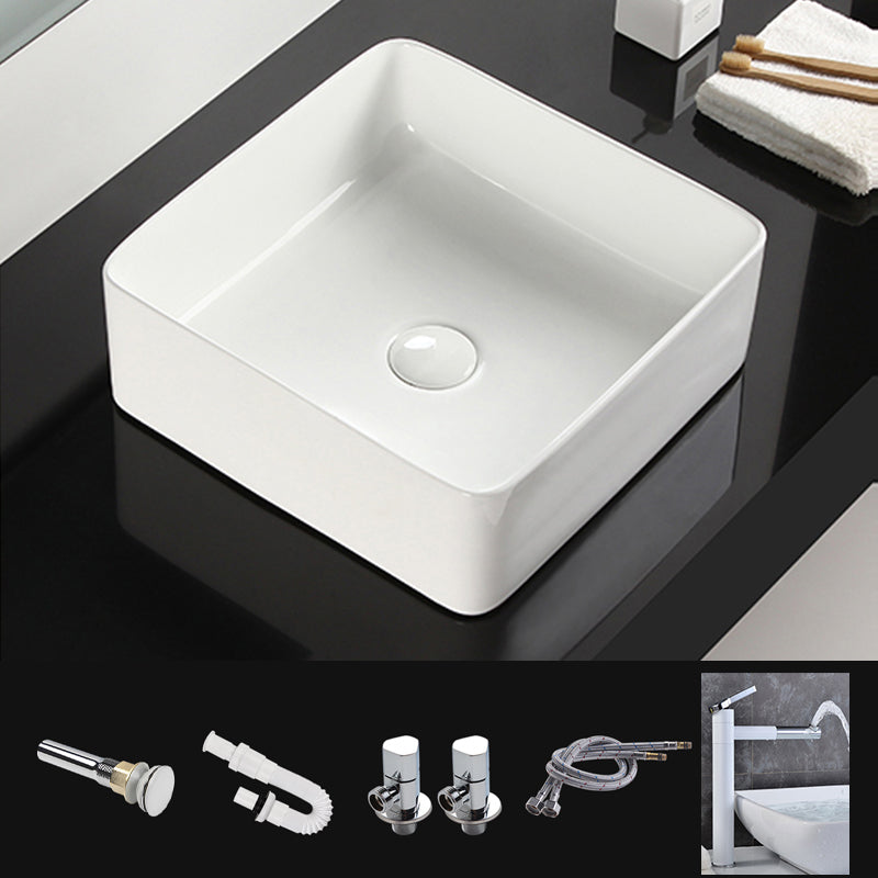 Bathroom Sink Ceramic White Square Black Faucet Bathroom Sink White Rotary Faucet Clearhalo 'Bathroom Remodel & Bathroom Fixtures' 'Bathroom Sinks & Faucet Components' 'Bathroom Sinks' 'bathroom_sink' 'Home Improvement' 'home_improvement' 'home_improvement_bathroom_sink' 6789338