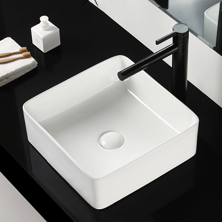 Bathroom Sink Ceramic White Square Black Faucet Bathroom Sink Clearhalo 'Bathroom Remodel & Bathroom Fixtures' 'Bathroom Sinks & Faucet Components' 'Bathroom Sinks' 'bathroom_sink' 'Home Improvement' 'home_improvement' 'home_improvement_bathroom_sink' 6789344