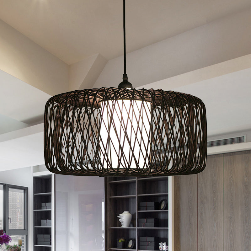 1 Light Restaurant Hanging Lamp with Drum Bamboo Shade Black Pendant Light Fixture, 16"/23.5" Wide Clearhalo 'Ceiling Lights' 'Modern Pendants' 'Modern' 'Pendant Lights' 'Pendants' Lighting' 679005