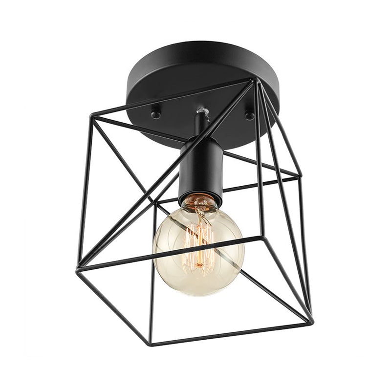 Industrial Style Squared Ceiling Mounted Fixture with Wire Frame 1 Head Metal Semi Flush Light in Black Clearhalo 'Ceiling Lights' 'Close To Ceiling Lights' 'Close to ceiling' 'Semi-flushmount' Lighting' 679083