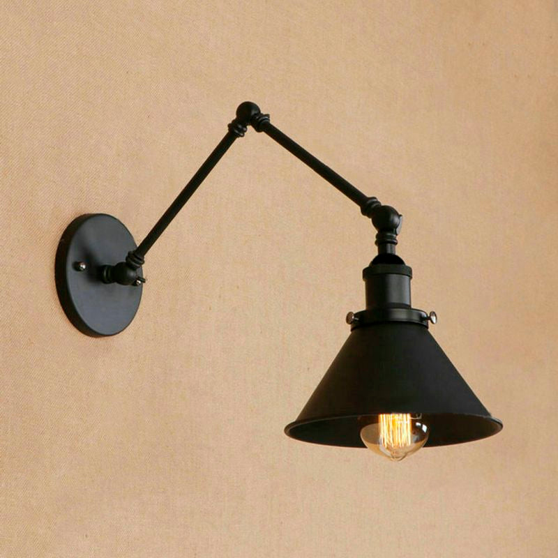 Metal Swing Arm Wall Mount Light Industrial 1 Bulb Study Room Wall Sconce with Tapered Shade in Black Clearhalo 'Art deco wall lights' 'Cast Iron' 'Glass' 'Industrial wall lights' 'Industrial' 'Middle century wall lights' 'Modern' 'Rustic wall lights' 'Tiffany' 'Traditional wall lights' 'Wall Lamps & Sconces' 'Wall Lights' Lighting' 679149