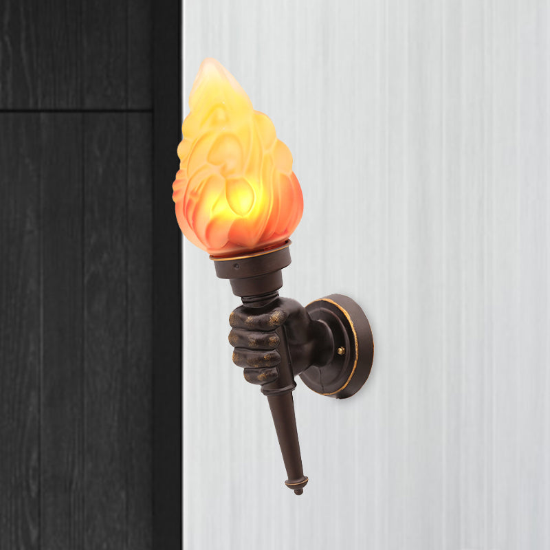 Torch Wall Mount Light Rustic Glass Shade 1 Light Sconce Lighting in Bronze for Foyer Clearhalo 'Wall Lamps & Sconces' 'Wall Lights' Lighting' 679173