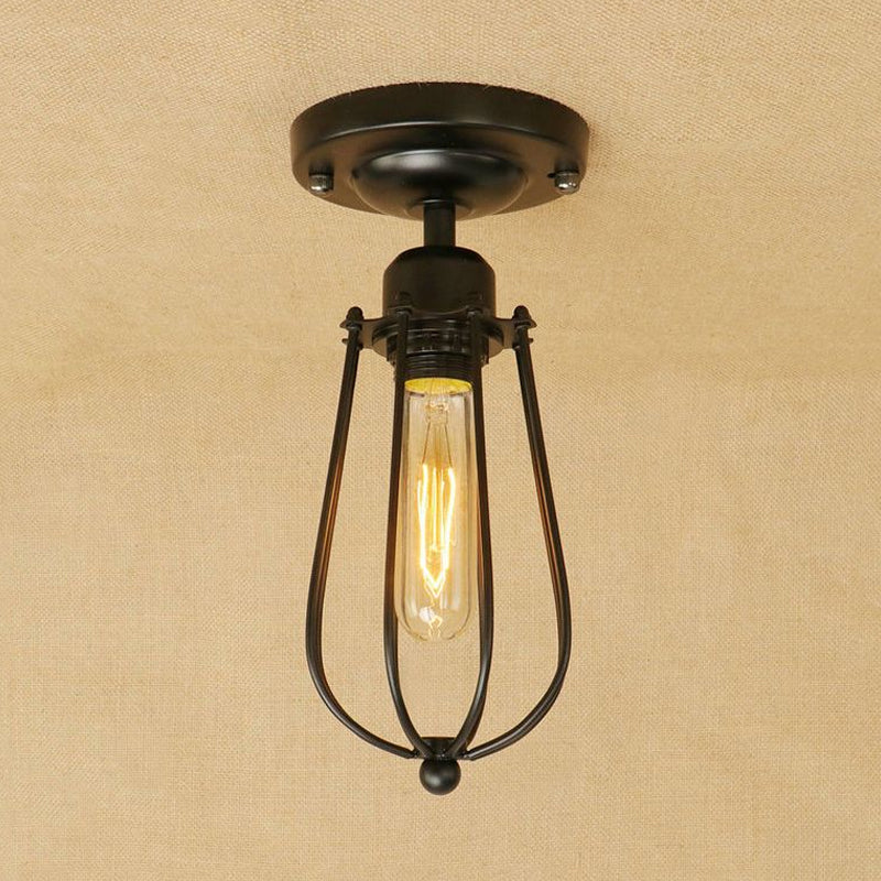 1 Light Mini Cage Semi Flush Light Fixture with Bulb Shaped Industrial Loft Black Metallic Close to Ceiling Light Clearhalo 'Ceiling Lights' 'Close To Ceiling Lights' 'Close to ceiling' 'Semi-flushmount' Lighting' 679191