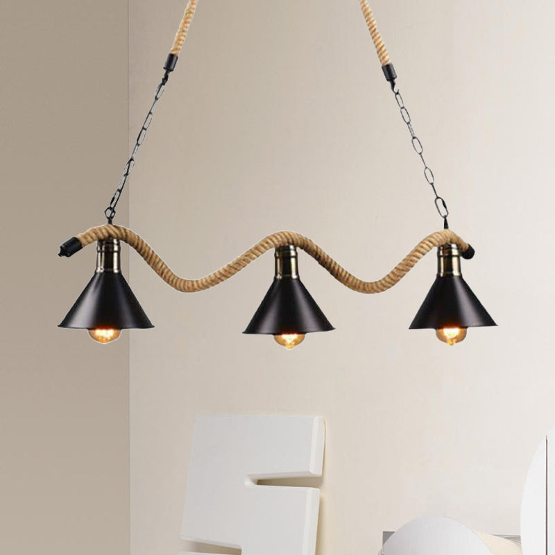 Farmhouse Style Conic Island Lamp 3/5 Bulbs Metal and Rope Pendant Light with Wavy Design in Black Clearhalo 'Ceiling Lights' 'Island Lights' Lighting' 679193