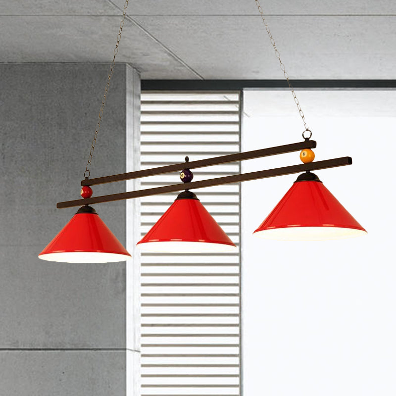 Industrial Style Cone Shade Ceiling Pendant 3 Heads Metal Island Lighting with Billiard Ball Deco in Black/Red Clearhalo 'Ceiling Lights' 'Island Lights' Lighting' 679197