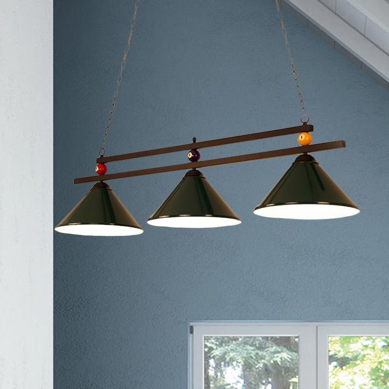 Industrial Style Cone Shade Ceiling Pendant 3 Heads Metal Island Lighting with Billiard Ball Deco in Black/Red Clearhalo 'Ceiling Lights' 'Island Lights' Lighting' 679199