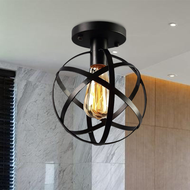 Metal Spherical Semi Flush Light with Cage Shade Loft Industrial 1 Light Living Room Ceiling Lamp in Black Clearhalo 'Ceiling Lights' 'Close To Ceiling Lights' 'Close to ceiling' 'Semi-flushmount' Lighting' 679204