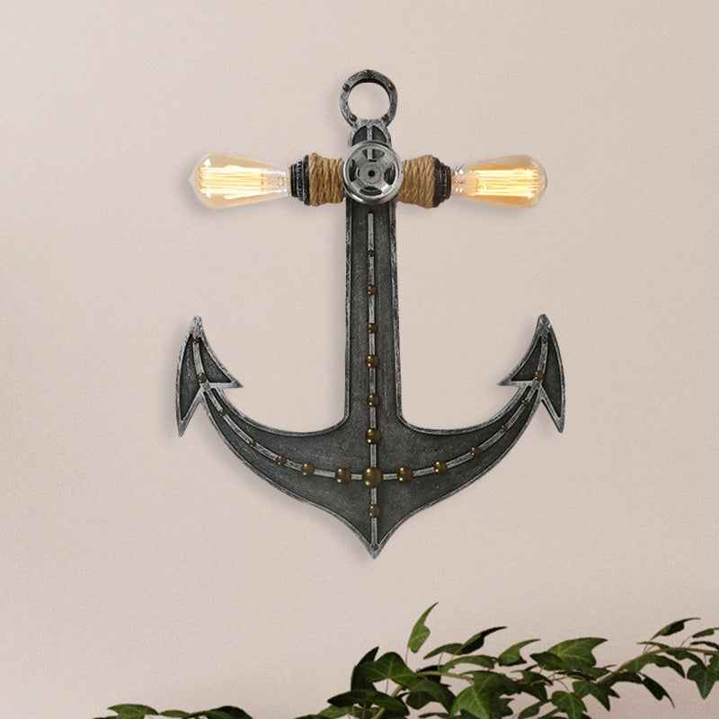 2 Lights Anchor Wall Lamp Nautical Industrial Wrought Iron Sconce Lighting for Restaurant Clearhalo 'Wall Lamps & Sconces' 'Wall Lights' Lighting' 679206